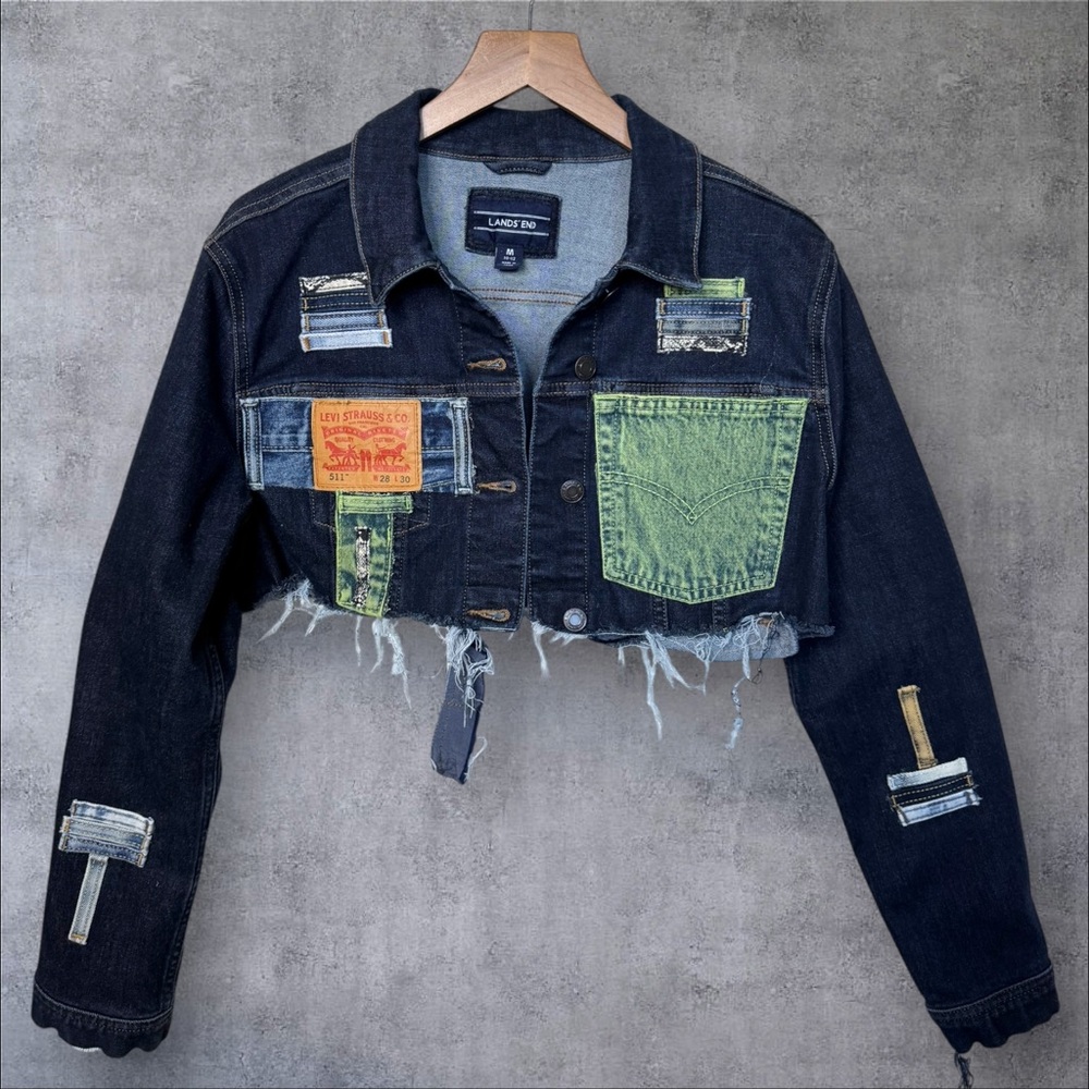 Upcycled Lands' End Black and Green Jean Jacket with Patchwork